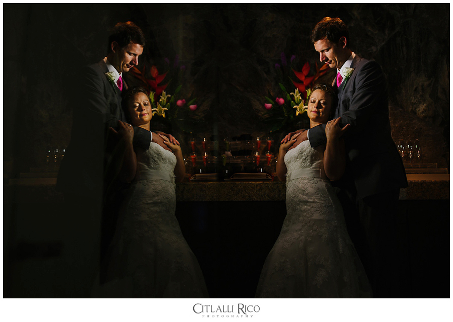 Bride and groom portrait reflection at Azul Beach wedding